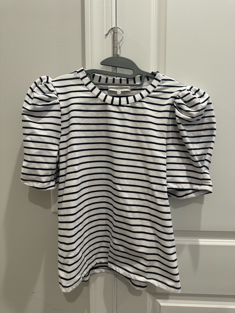 English Factory White Black Striped Puff Sleeve Tee
